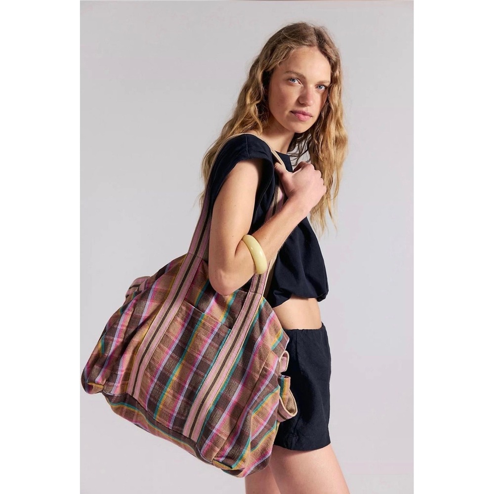 Free People Oksana Multi Print Tote New NWT current  cotton stripe beach casual